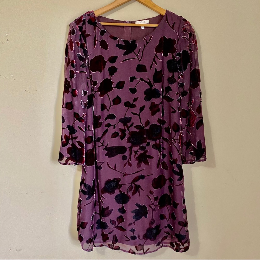 Velvet Dress Floral Pattern Sheer Maroon Burgundy Wine Red Boho Small Halo Small
